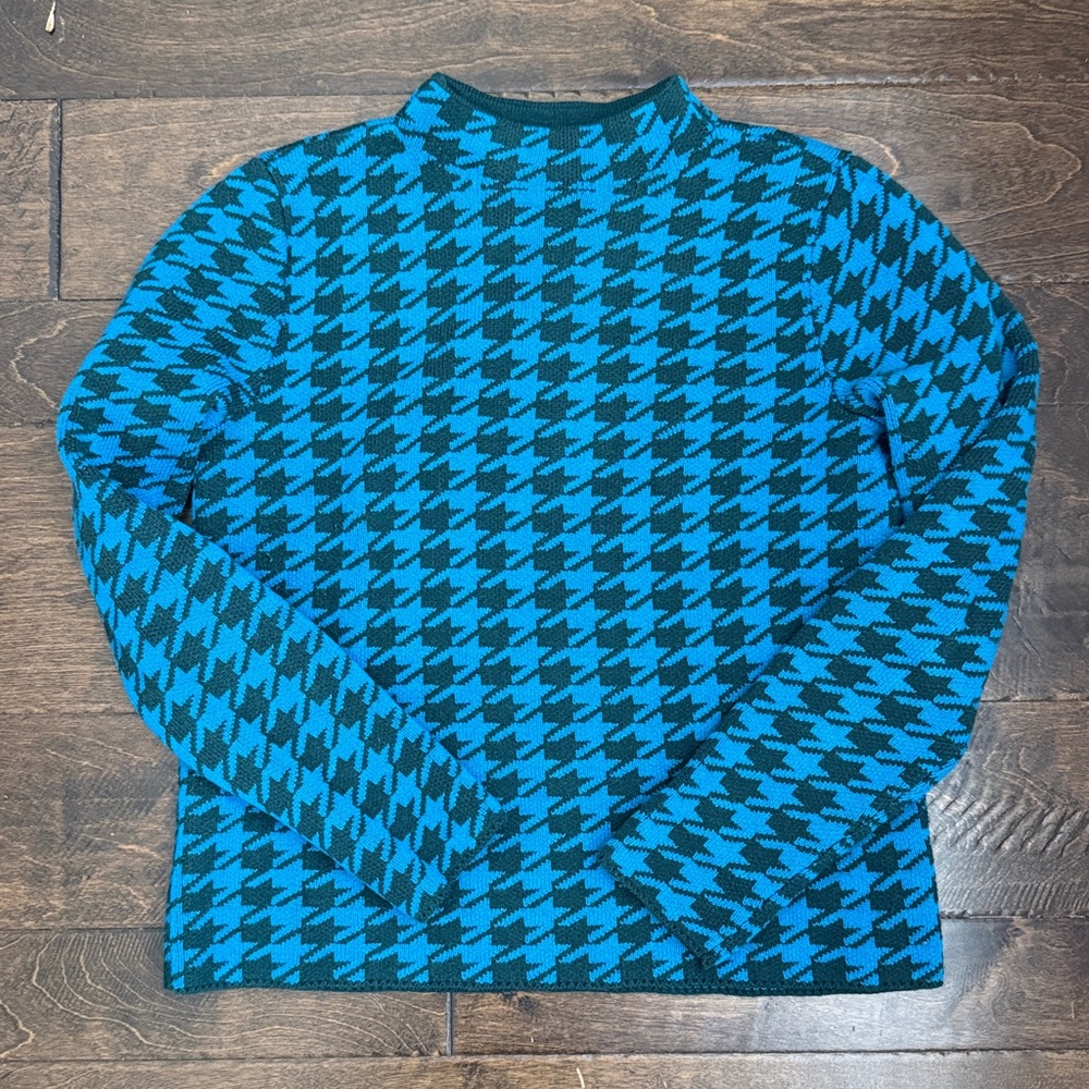 Ann Taylor Womens Blue and Green Houndstooth Pullover Mock Neck Sweater. Small